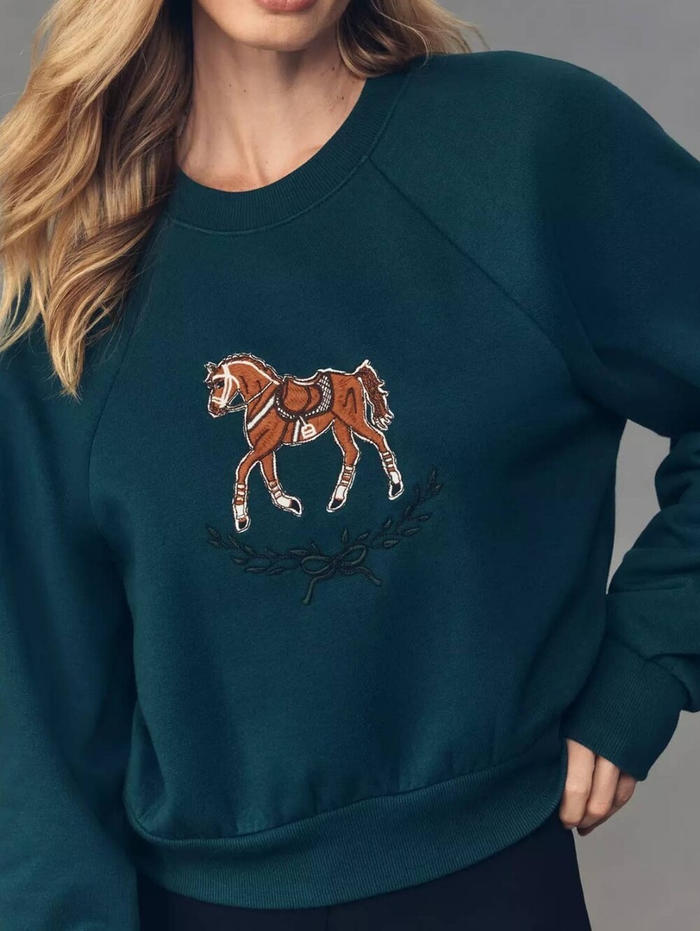 NWT Anthropologie Maeve Shrunken Crew-Neck Sweatshirt with Embroidered Horse
